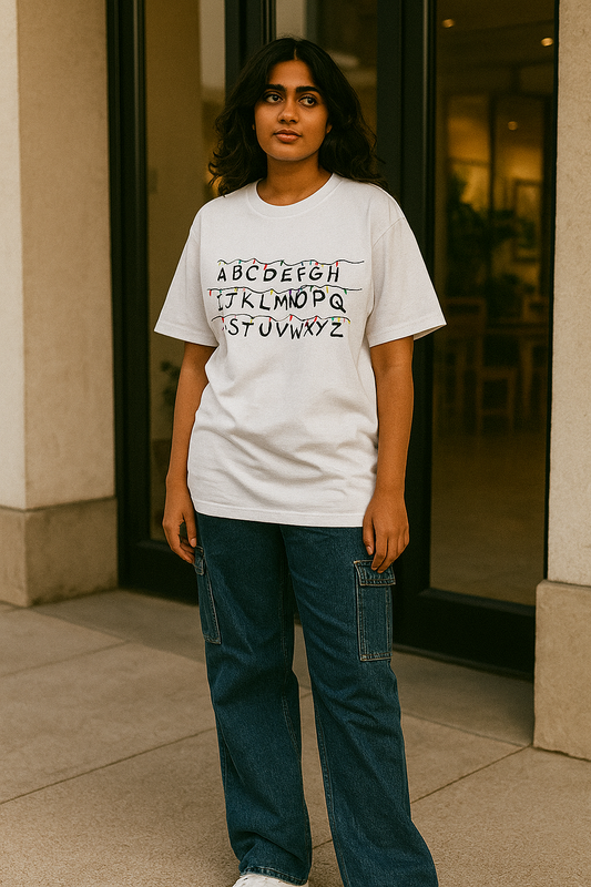 Unisex Oversized T-Shirt - Lights On The Wall - Stranger Things Edition tag0